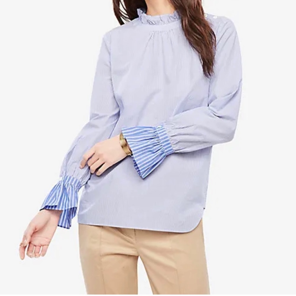 Ann Taylor Striped Ruffle Neck, button Shoulder Shirt